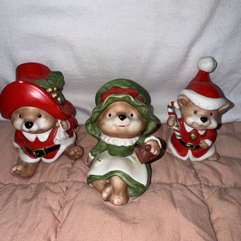 Vtg Homco Christmas Bear Family Figurines #5600 Vintage Set of 3